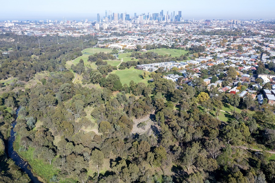 Aerial view from Halls Reserve, a large park in Clifton Hill adjacent to Merri Creek.